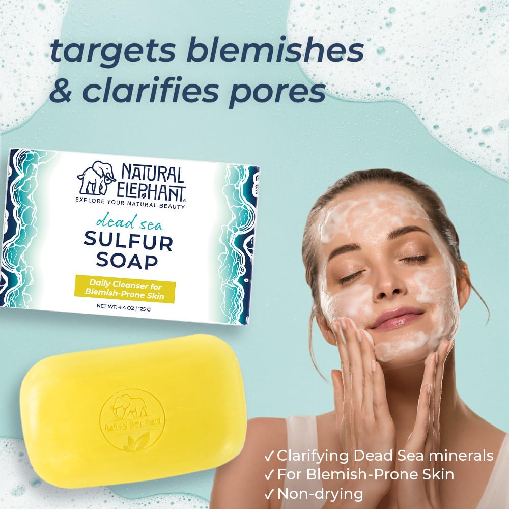 Natural Elephant Dead Sea Sulfur Soap Bar | Clarifying Face & Body Wash with Dead Sea Salt & Aloe Vera | 4.4 oz (125 g)