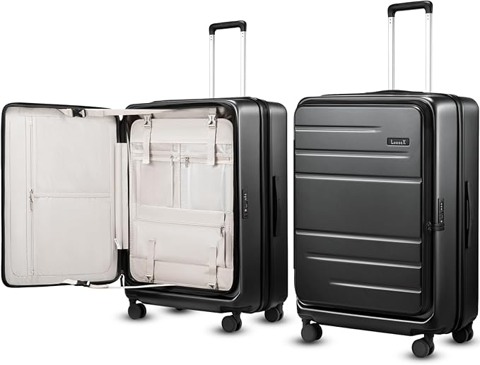 Checked Suitcase with Spinner Wheels, FLO-Core Expandable Polycarbonate Hard Shell Suitcase with TSA Approved Lock(FLO5, Black, 28 Inch, 105L-115L)