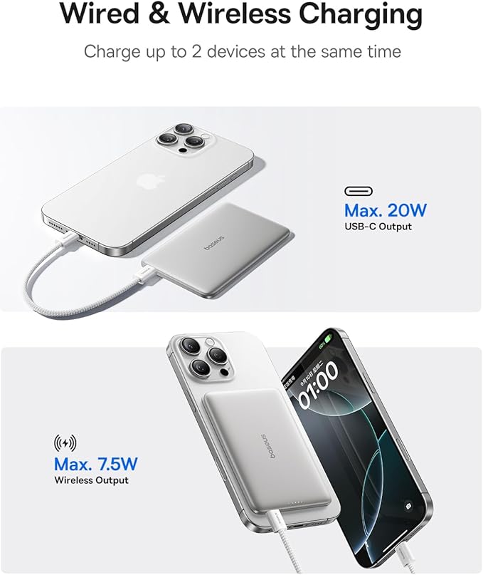 Baseus Picogo Power Bank, 0.3" Ultra Slim 5000mAh MagSafe Portable Charger, Card-Size Magnetic Battery Pack with USB-C Braided Cable, Alloy Wireless Charger for iPhone 17 Pro Max/17 Air/16/15/14/13/12