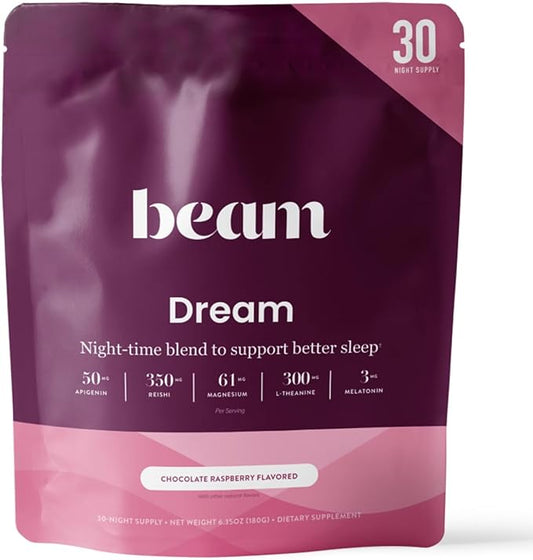 Beam Dream Sleep Powder, L-Theanine, Apigenin, Reishi and Magnesium, Third Party Tested Natural Sleep Aid & Sleep Supplement for Deep Sleep, Relaxation and Recovery, Natural Sleep Support, 30 Servings