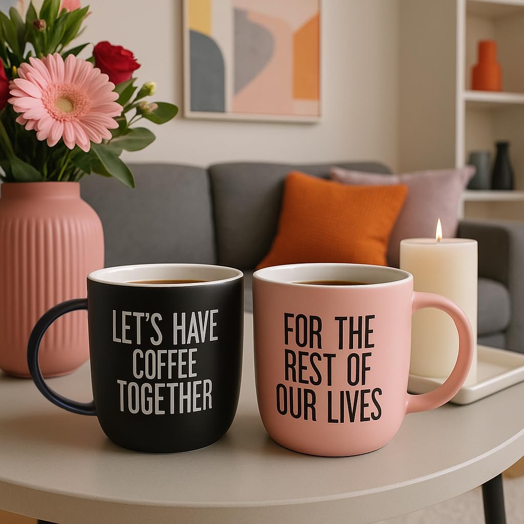 Triple Gifffted Let's Have Coffee Together Coffee Mug Set, Engagement Wedding Gifts for Couple, Bride and Groom Newlywed Bridal Shower, His and Hers, Mr and Mrs, Christmas, Valentine’s, Ceramic 380ML