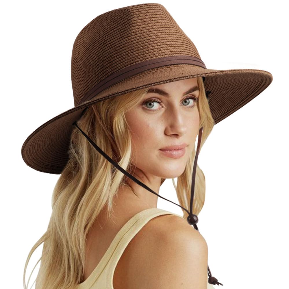 DRESHOW Womens Summer Straw Sun Hat Wide Brim Bucket Hats Fedora Hat Panama Beach Hat with Chin Strap UPF 50+
