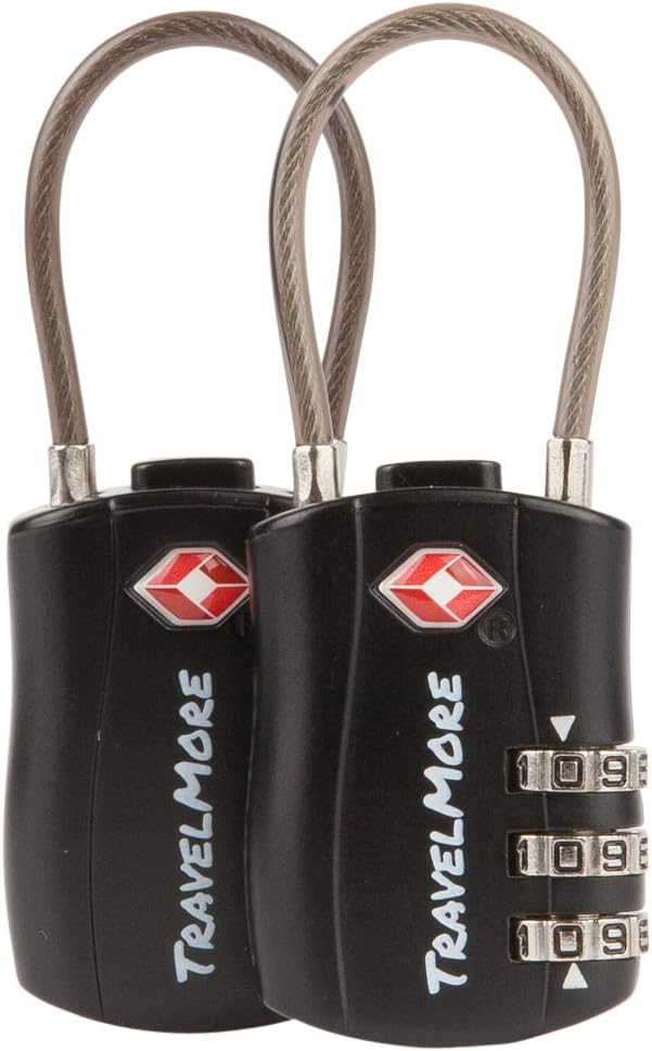 2 Pack TSA Approved Travel Combination Cable Luggage Locks for Suitcases & Backpacks - Black