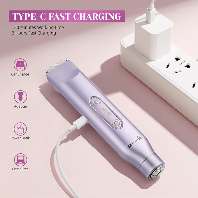 Bikini Trimmer for Women，3 in 1 Electric Razor with Ceramic Blades, IPX7 Waterproof, USB Rechargeable, Painless Hair Removal for Face，Body，Bikini Area, Travel Grooming Kit (Purple)