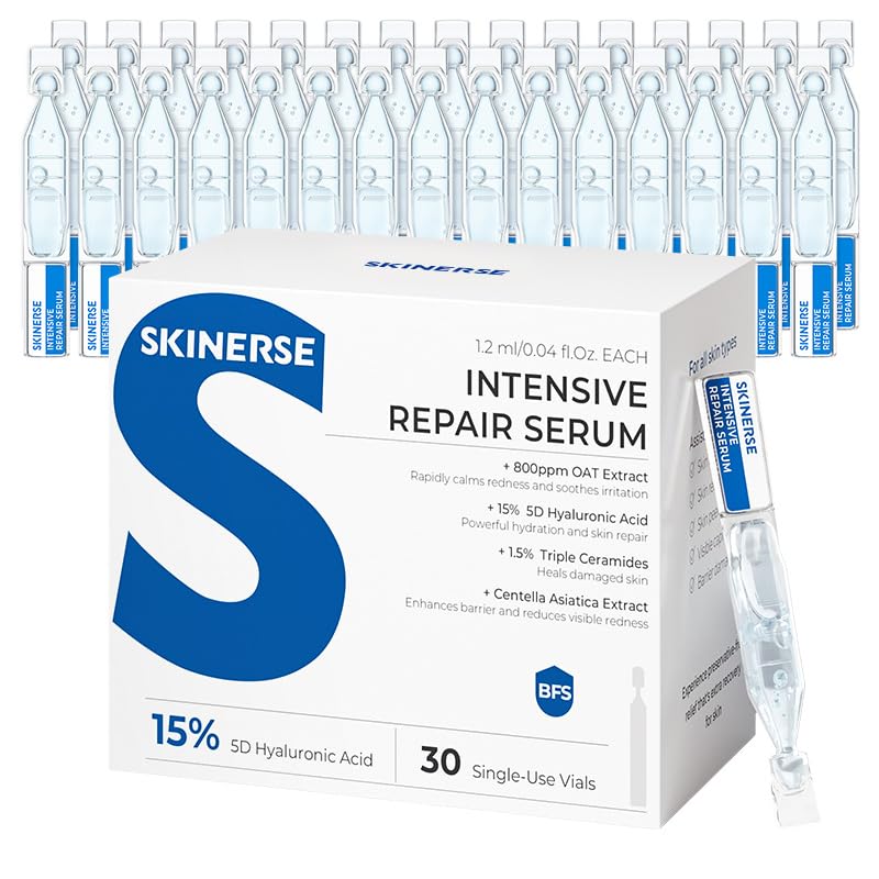 SKINERSE Intensive Repair Serum, 15%Hyaluronic Acid for Sensitive Skin Anti Aging Ultra Hydrating Serum for Face Calming Barrier Repair Redness Relief with Ceramides Centella 30Vials Daily Travel Care