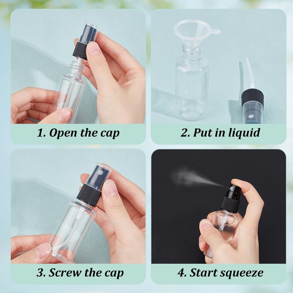 OLYCRAFT 120Pcs Plastic Travel Spray Bottles 0.3oz/10ml 0.7oz/20ml 1oz/30ml Mixed Capacity Mini Travel Bottle Set with 6pcs Funnels Refillable Liquid Containers for Essential Oils Toners Carrying