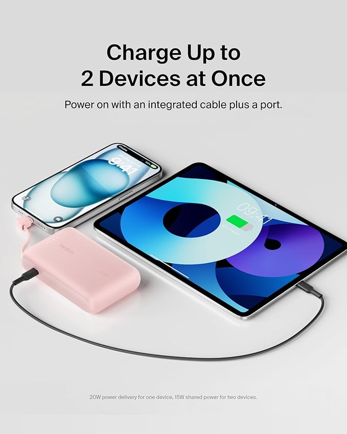 Belkin Portable Charger, Power Bank with Integrated Cable 10000 mAh 20W - Fast Charge USB C Power Delivery, iPhone Charger - iPhone 17, Air, Pro, Pro Max, iPad, Galaxy S25, & More - Pink