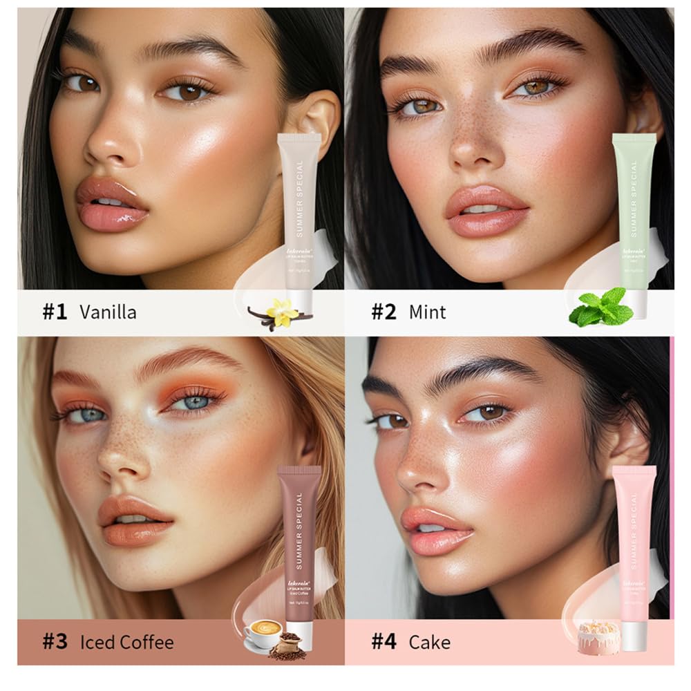 4Pcs Summer Tinted Lip Butter Balm - Ultra-Hydrating, Nourishing Lip Care with Natural Ingredients, Soothes & Softens Dry Lips, Birthday Cake with Slight Shine (Vanilla+Mint+Coffee+Cake, 4Pcs)