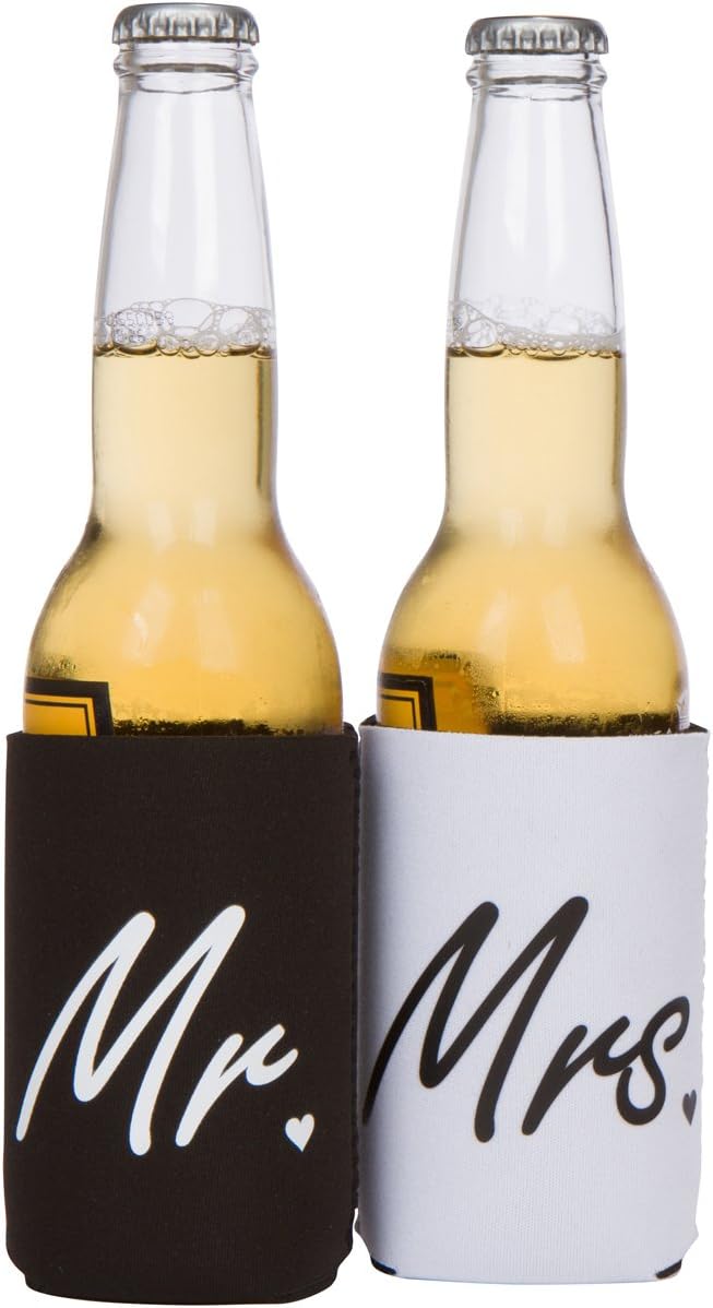 Cute Can Cooler Sets - Wedding Gift - Engagement Gift (Black/White - Mr and Mrs)