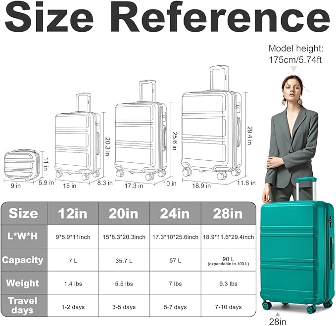 Kono 4 Piece Luggage Sets Expandable(only 28") Lightweight with Spinner Wheels TSA Lock Hardside Travel Rolling Suitcases 20in 24in 28in Carry on and 12in Mini Cosmetic Case Turquoise