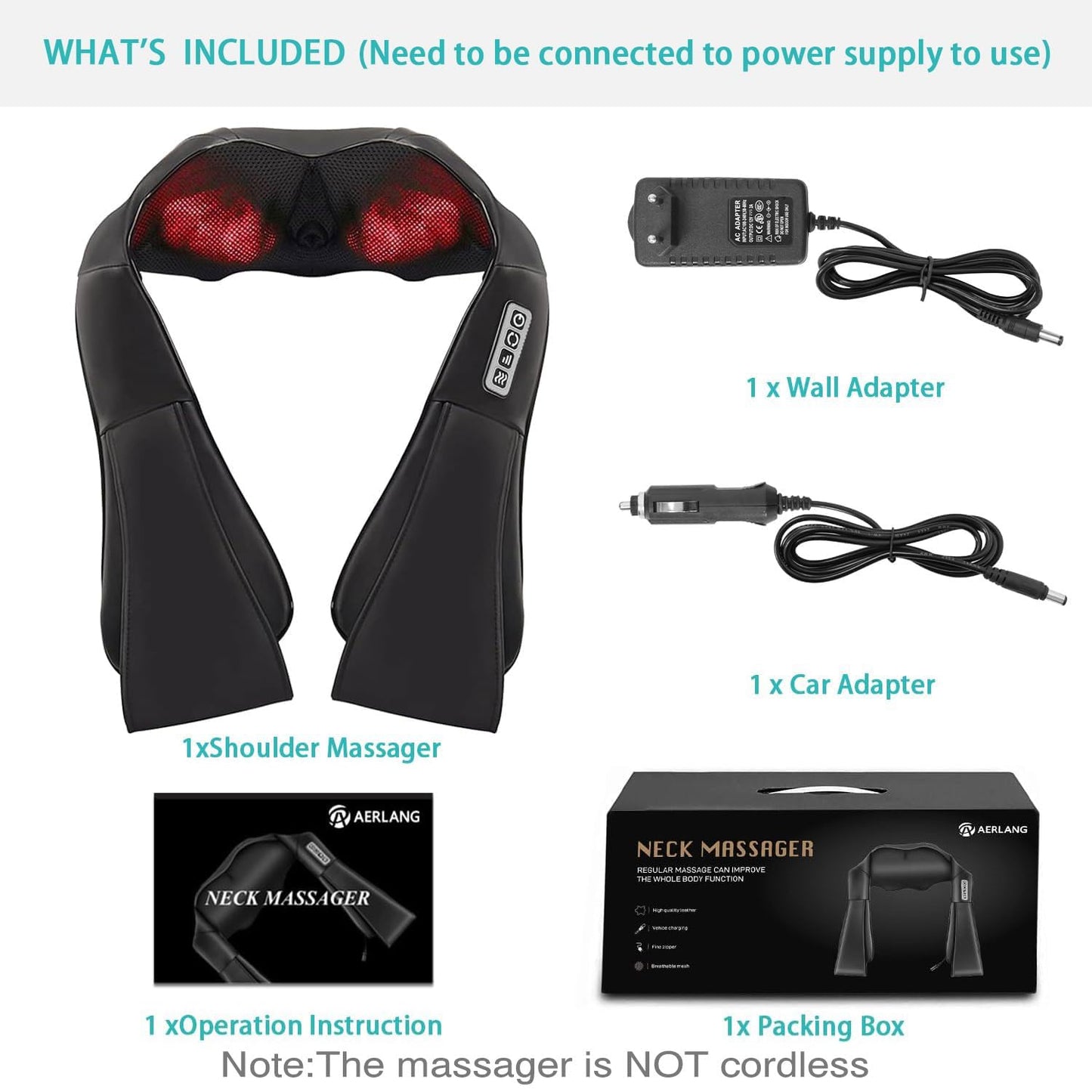 AERLANG Shiatsu Back and Neck Massager, Back Massager Deep Tissue Kneading Neck and Shoulder Massage with Heat, Electric Massage Pillow Fathers Day Gift Ideas from Daughter Son(NOT Cordless)