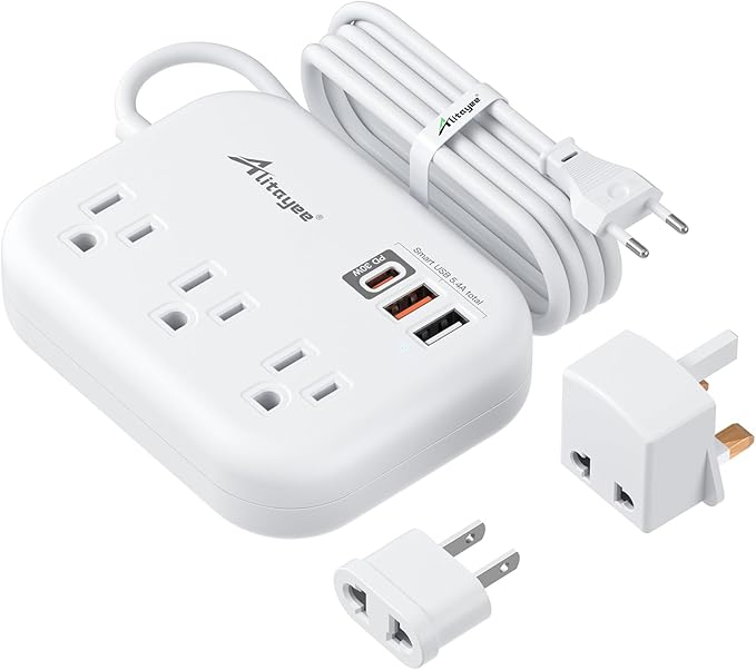 Alitayee PD30W USB C Travel Power Strip, European Travel Plug Adapter with 3 Outlets 3 USB Ports, International Universal Plug Adapter with 4ft Extension Cord to EU US UK Italy Spain France Germany