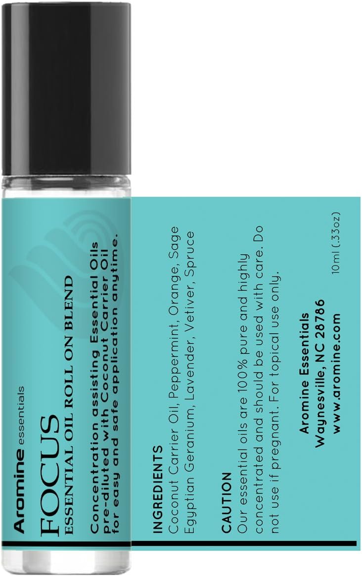 Focus Essential Oil Roll On, Pre-Diluted 10ml (1/3 fl oz), Great Studying Essentials
