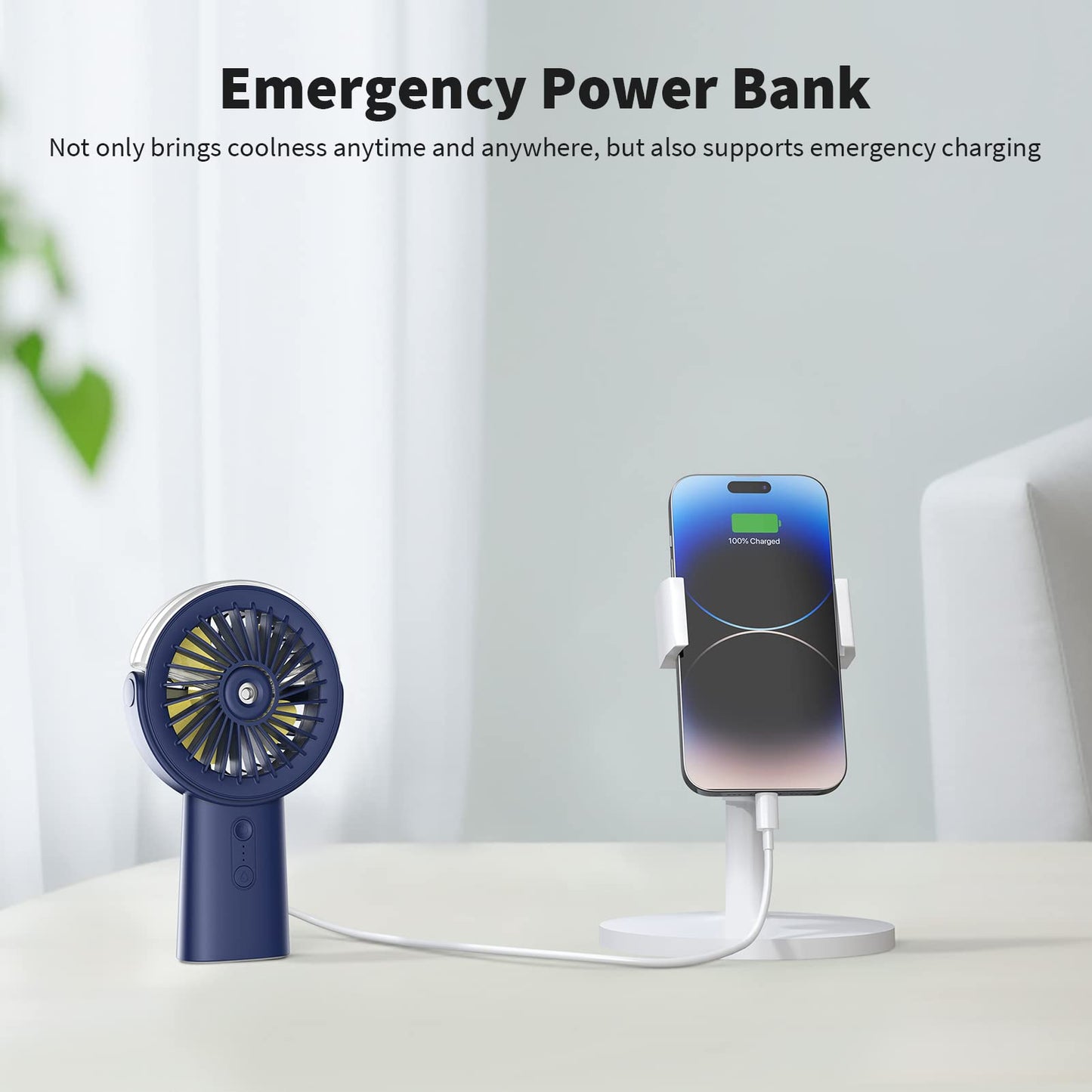 Otlonpe Rechargeable Handheld Portable Misting Fan, 4-15 Hrs Runtime, Small Personal Mist Portable Fan 4000mAh Battery Operated, Water Spray, 90° Rotatable, Power Bank, Hand Held Desk 2 IN 1 (Blue)