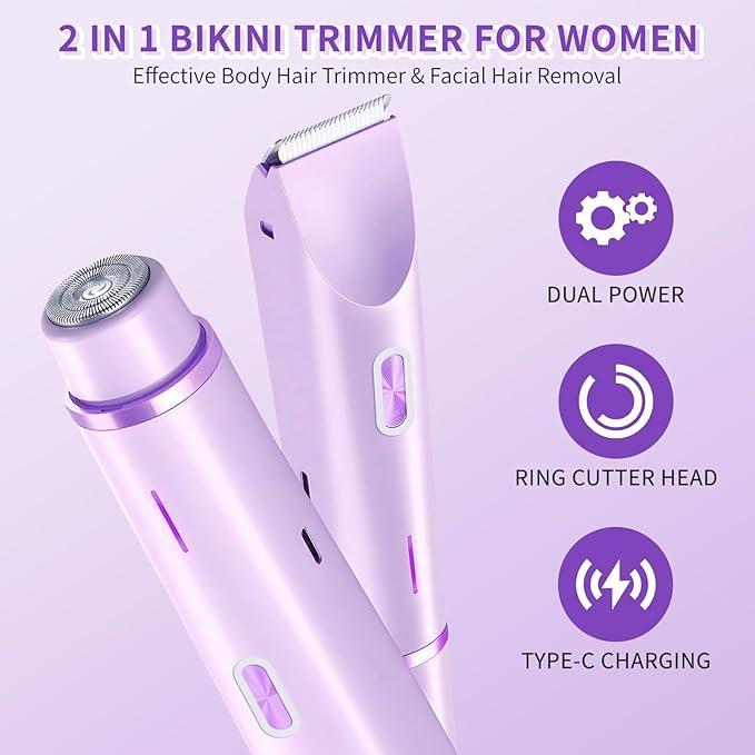 2-in-1 Bikini Trimmer & Shaver for Women - IPX7 Waterproof, Ceramic Blade for Smooth & Safe Results, 120min Cordless Runtime, Ultra-Quiet Design (Purple)