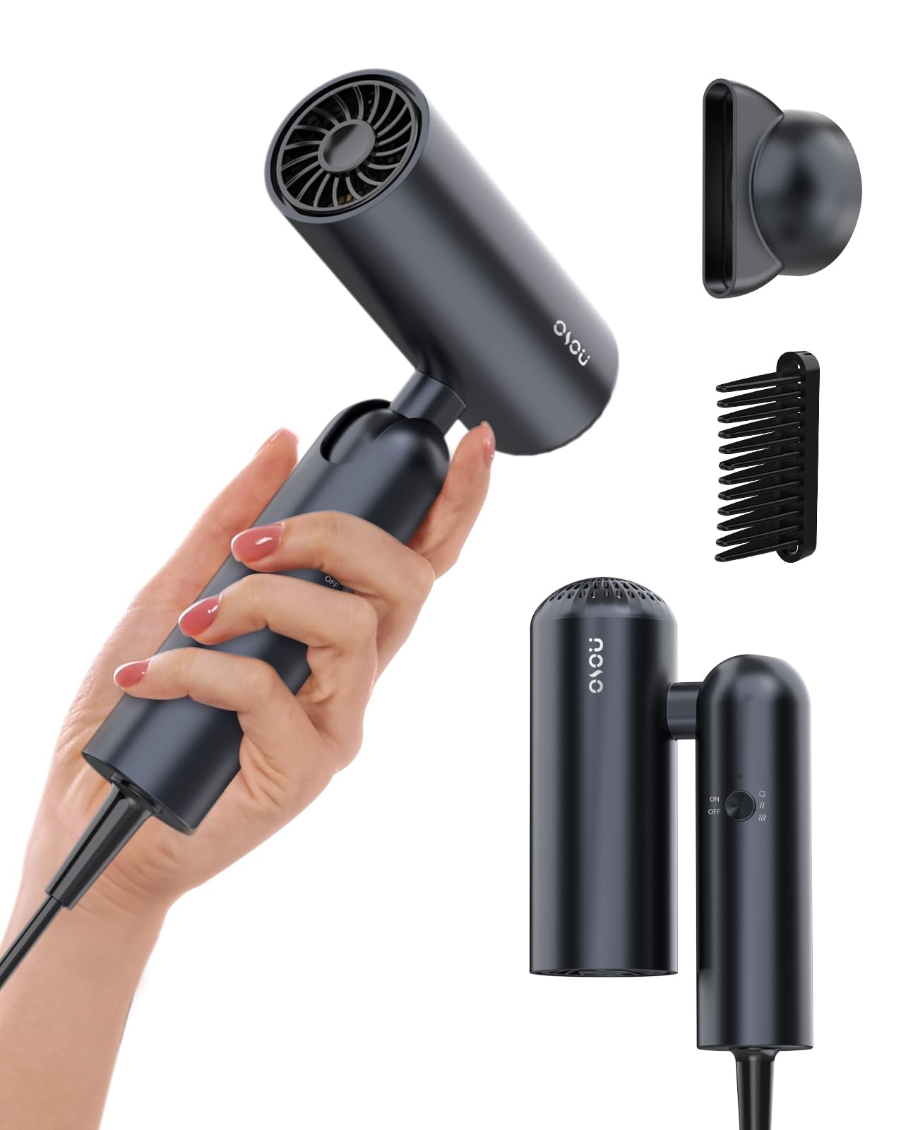 osou Travel Hair Dryer, Dual Voltage with Auto-Sensing, 1B Plasma Particles, 200times/s Temp Control, Portable Blow Dryer with Single-Sided Comb, Gray