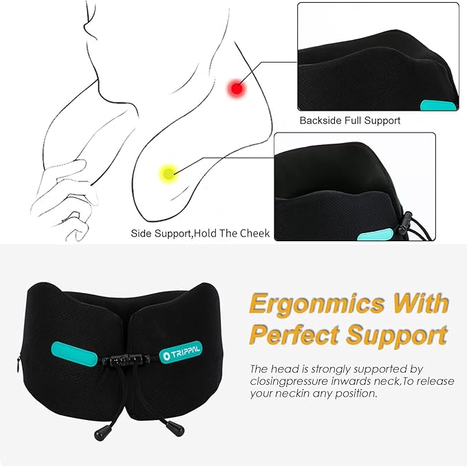 GOLDORANGE Travel Pillows for Sleeping Airplane Neck Chin Head Support Memory Foam Travel Neck Pillows for Long Flights Airplane Car Home Office Game, Black S