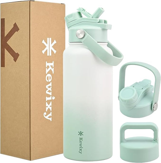 32 oz Insulated Water Bottle, 2-in-1 Lid, Straw & Spout with Protected, Leak Proof, Keep Cold, Stainless Steel, Metal, Reusable, Handle, for Outdoor, Gym and School, 2 Lids, Iced Mint