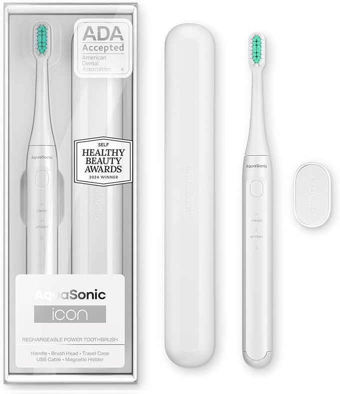 Aquasonic Icon ADA-Accepted Rechargeable Toothbrush | Magnetic Holder & Slim Travel Case | 2 Brushing Modes & Smart Timers | Gentle Micro-Vibrations (Pearl)