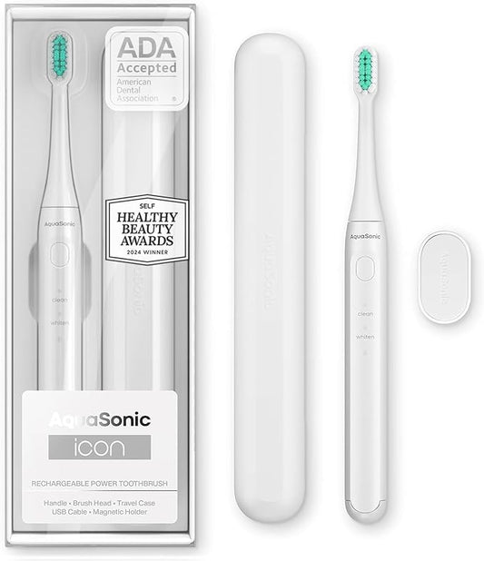 Aquasonic Icon ADA-Accepted Rechargeable Toothbrush | Magnetic Holder & Slim Travel Case | 2 Brushing Modes & Smart Timers | Gentle Micro-Vibrations (Pearl)
