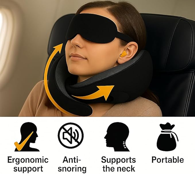 Travel Pillow, Travel Pillows for Airplanes, 100% Pure Memory Foam Travel Neck Pillow with Eye Mask & Ear Plugs, Comfort and Ergonomic Design, Ideal for Airplanes, Cars and Offices