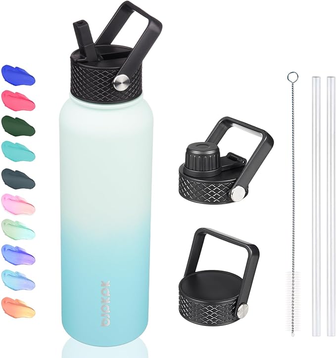 BJPKPK Insulated Water Bottles with Straw Lid, 40oz Stainless Steel Water Bottles with 3 Lids, BPA Free Leakproof Thermo, Tumblers, Cups for Sports, Gym- Mint