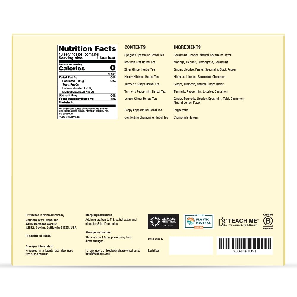 VAHDAM, Assorted Herbal Tea Sampler (18 Tea Bags, 9 Flavors) Caffeine-Free, Non-GMO | Double Infusion, Individually Enveloped Tea Bags | Herbal Tea Assortment