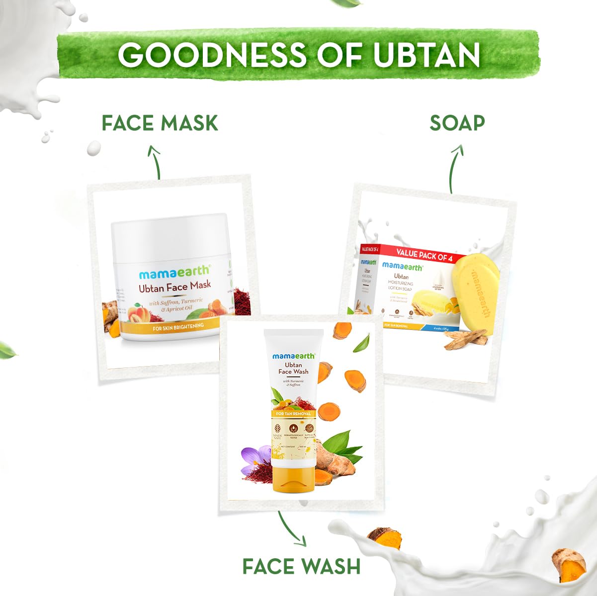 MAMAEARTH Ubtan & Sandalwood Moisturizing Lotion Soap Bar | Removes Tanning & Gently Exfoliates | Traditional De Tan Bath Bar | for Face & Body | 4 Bars (4.41 Oz/125g Each)