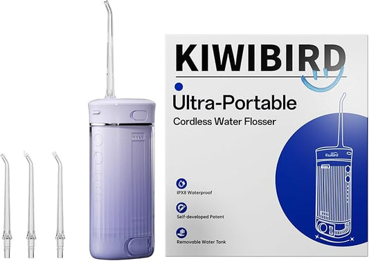 KIWIBIRD Mini Water Flosser for Travel, Ultra-Portable Cordless Oral Irrigator with UVC Light, IPX8 Waterproof 3 Modes, 230mL Teeth Cleaner for Tonsil Stones & Braces Care - Home & Travel (Purple)