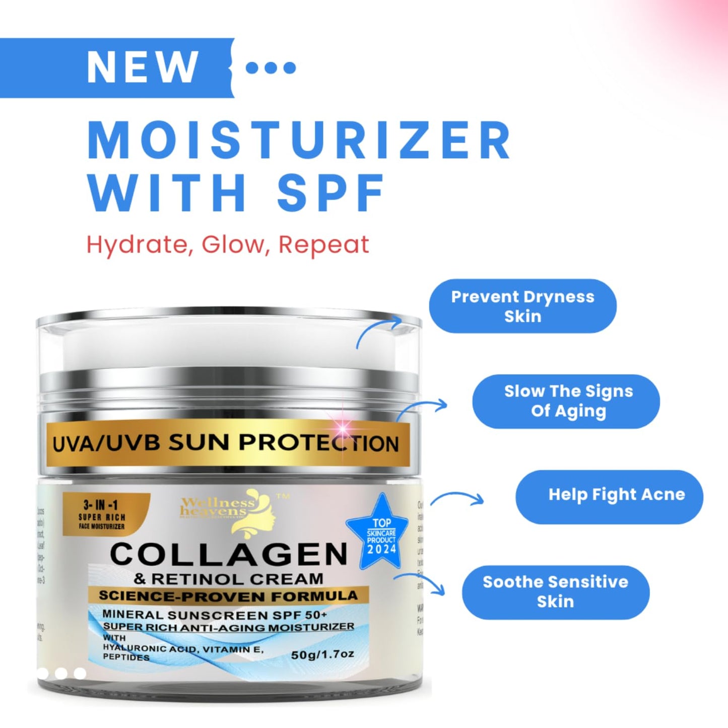 Daily Face Moisturizer with SPF 50 - Retinol, Hyaluronic Acid & Collagen with Age-Defying, Lift & Firm Cream and Sun Protection - Day & Night Repair Moisturizing Anti-Aging Sunscreen Lotion | 1.7oz