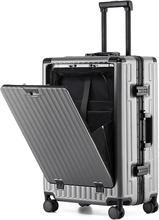 26 Inch Zipperless Checked Travel Luggage with Spinner Wheels,Aluminum Frame Hard Shell Front Pocket Suitcase with Compartment TSA Approved USB Port,Cup & Phone Holder for Women Men,Grey