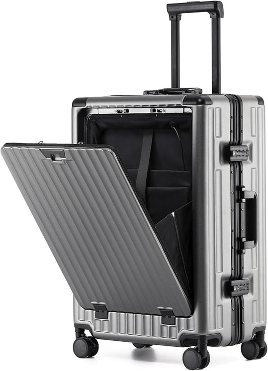26 Inch Zipperless Checked Travel Luggage with Spinner Wheels,Aluminum Frame Hard Shell Front Pocket Suitcase with Compartment TSA Approved USB Port,Cup & Phone Holder for Women Men,Grey