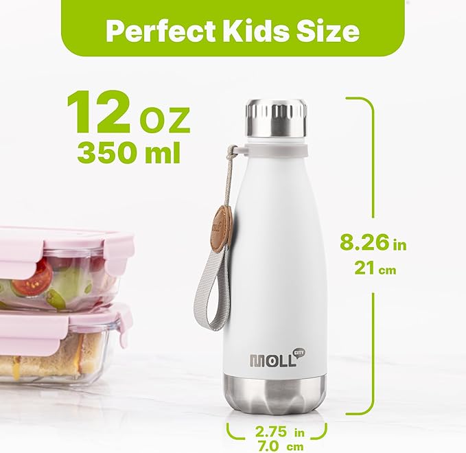 Kids Water Bottle for School-12 oz Stainless Steel Vacuum Insulated Sports Water Bottle Cola Shape Leak Proof Travel Water Bottle (White)