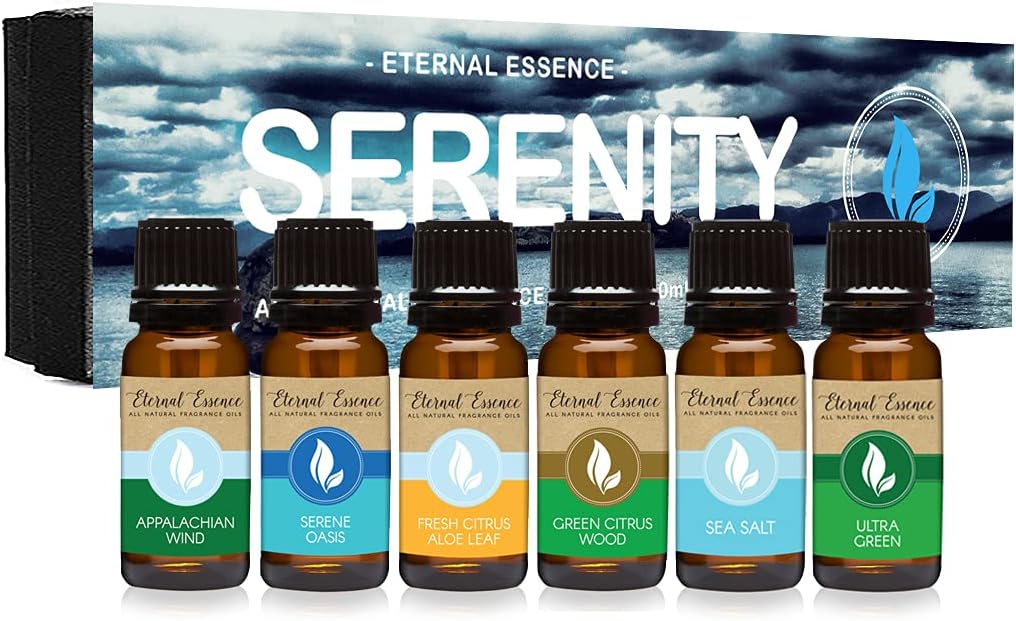 Eternal Essence Serenity Set of 6 Premium Fragrance Oils - Includes Ultra Green, Serene Oasis, Green Citrus Wood, Sea Salt, Appalachian Wind, and Fresh Citrus Aloe Leaf Scented Oils - 10ML