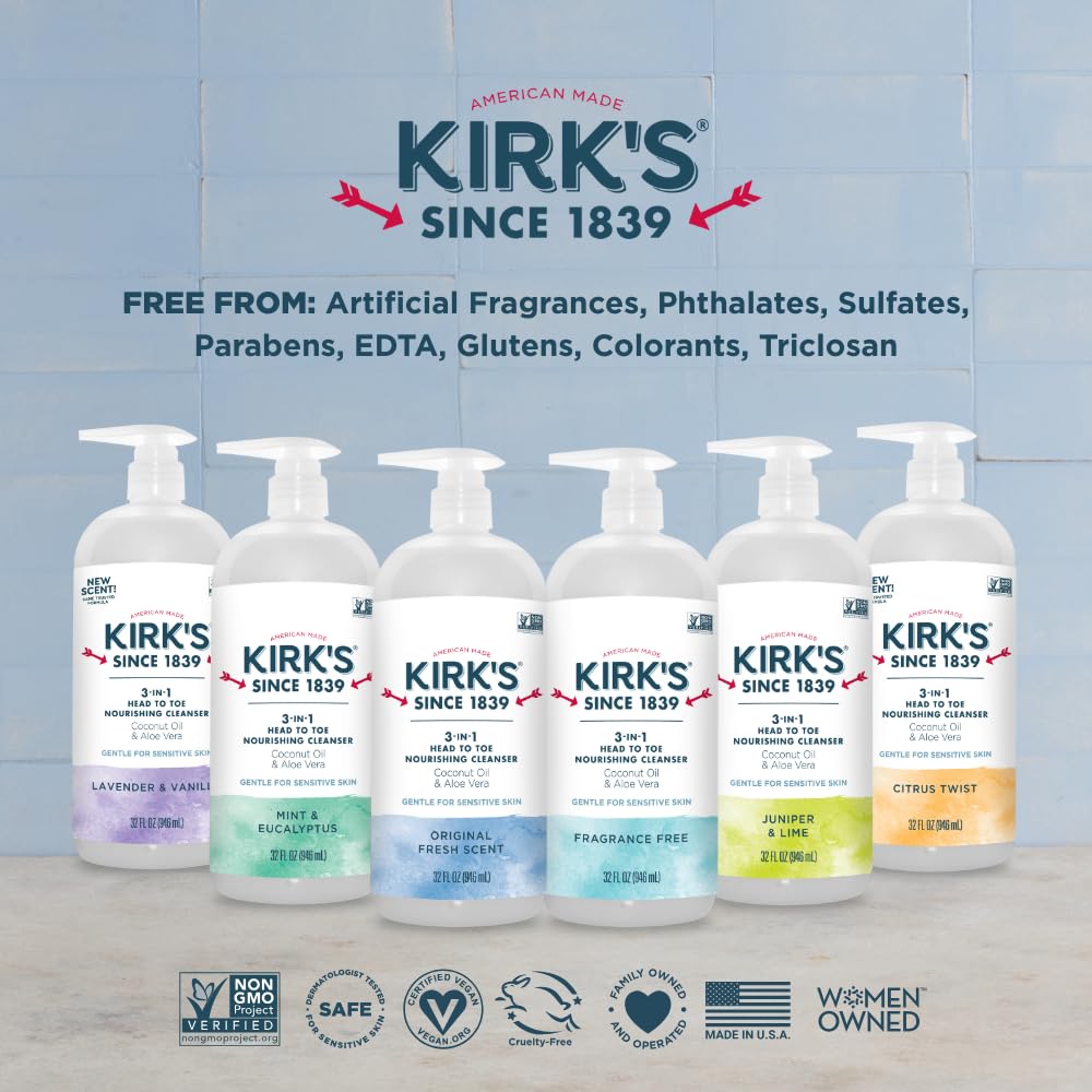 Kirk's 3-in-1 Castile Liquid Soap Travel Size Bar Soap (1.13 oz.) | Head-to-Toe Clean Shampoo, Face Soap & Body Wash for Men, Women & Children | Juniper & Lime Scent | 32 Fl Oz.