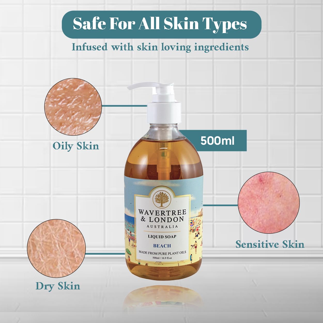 Wavertree & London Natural Liquid Soap Bottle with Dispenser Pump, Beach Scented Liquid Hand Soap for Bathroom, Kitchen - Australia Made Moisturizing Plant Oil Body & Hand Wash Soap