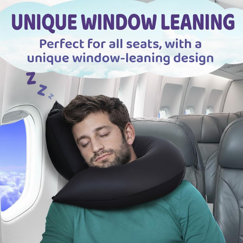 Inflatable Travel Pillow for Airplanes, Cars & Home – Adjustable Neck, Head & Chin Support – 360° J-Shaped Design – Blow Up Travel Pillow for Sleeping on Plane – Compact & Eco-Friendly