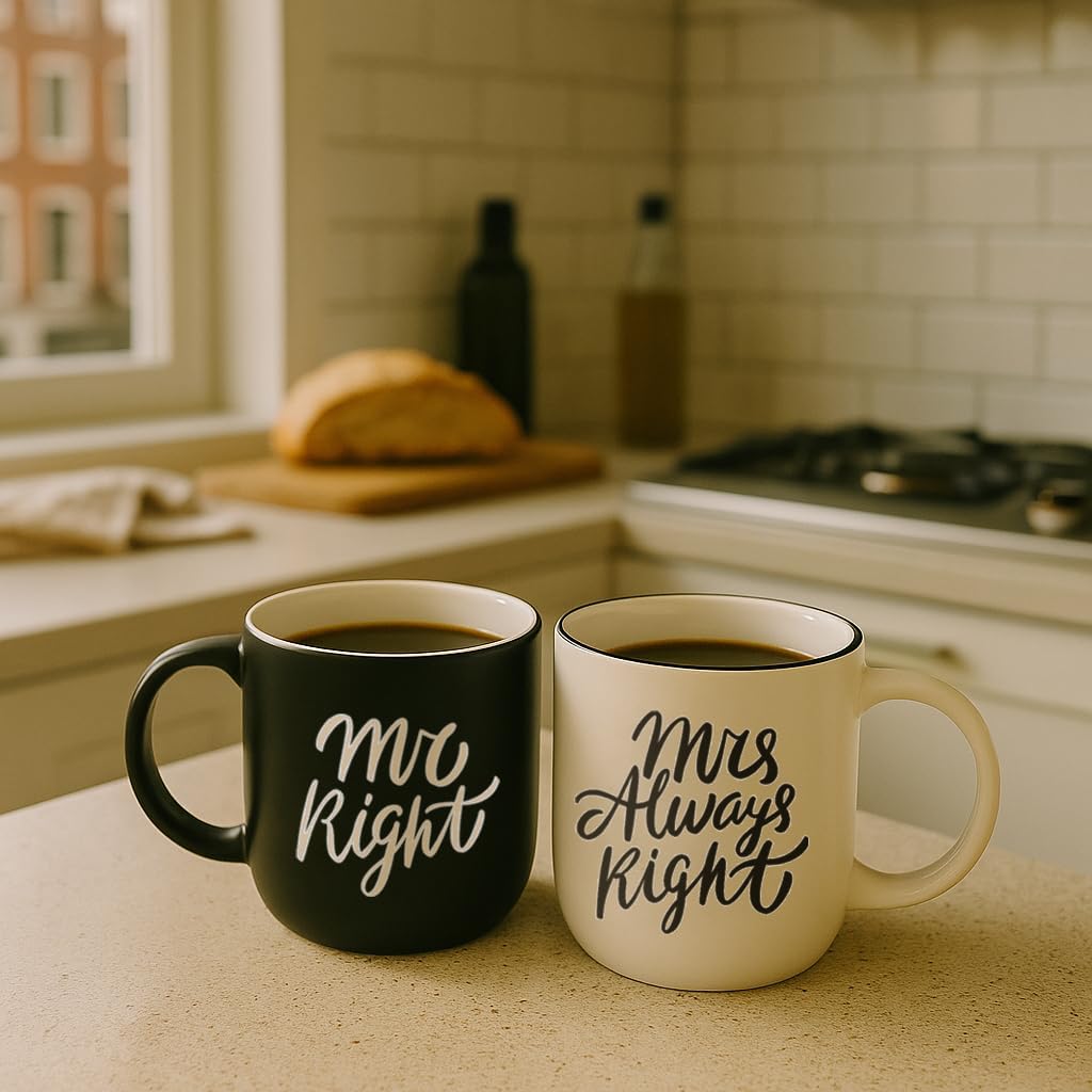 Triple Gifffted Mr Right Mrs Always Right Coffee Mugs Gifts Ideas for Couples, Wedding Anniversary, Engagement, Christmas, His & Hers, Bride and Groom, Parents, Newlyweds Bridal Shower, Ceramic 380ml