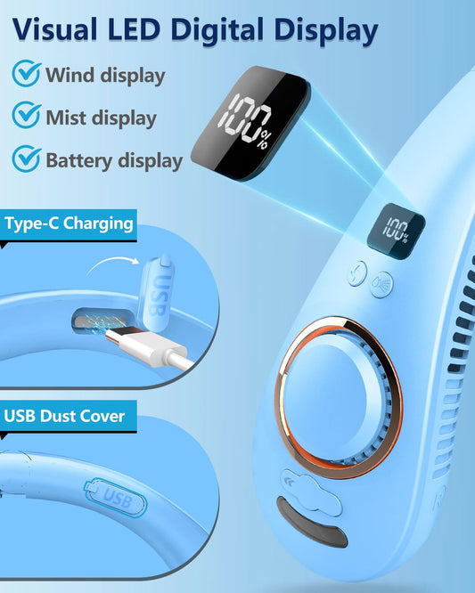 Neck Fans Portable Rechargeable,Neck Fans that Blow Cold Air,Personal Cooling Device Wearable,Mini Ventilador Portatil,Bladeless Hand Free Neck Fan USB Chargeable Hot Flash Presents for Women Men Blue
