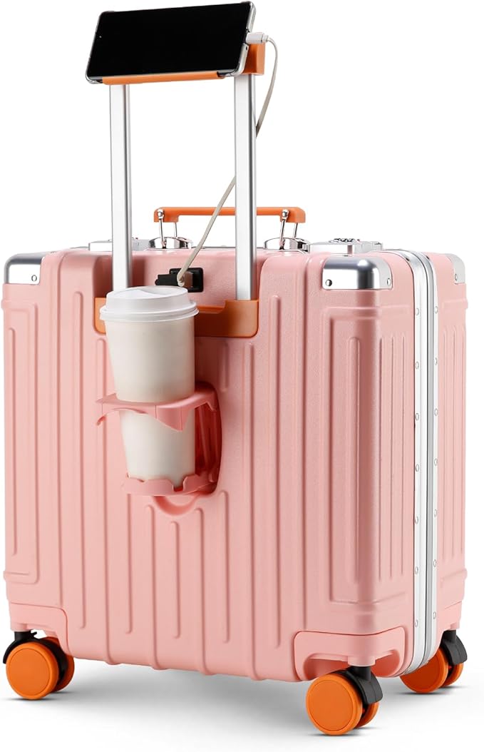 18 Inch Carry On Luggage Suitcase Locks TSA Approved Hardside Lightweight Suitcase with Cup Holder TSA Lock Carry On Luggage with USB Port Phone Holder Suitcases with 360° 8 Double Spinner Wheels