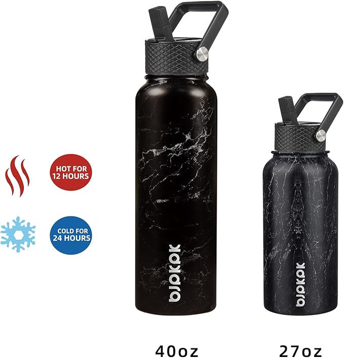 BJPKPK Insulated Water Bottles with Straw Lid, 40oz Stainless Steel Water Bottles with 3 Lids, BPA Free Leakproof Thermo, Tumblers, Cups for Sports, Gym- Midnight