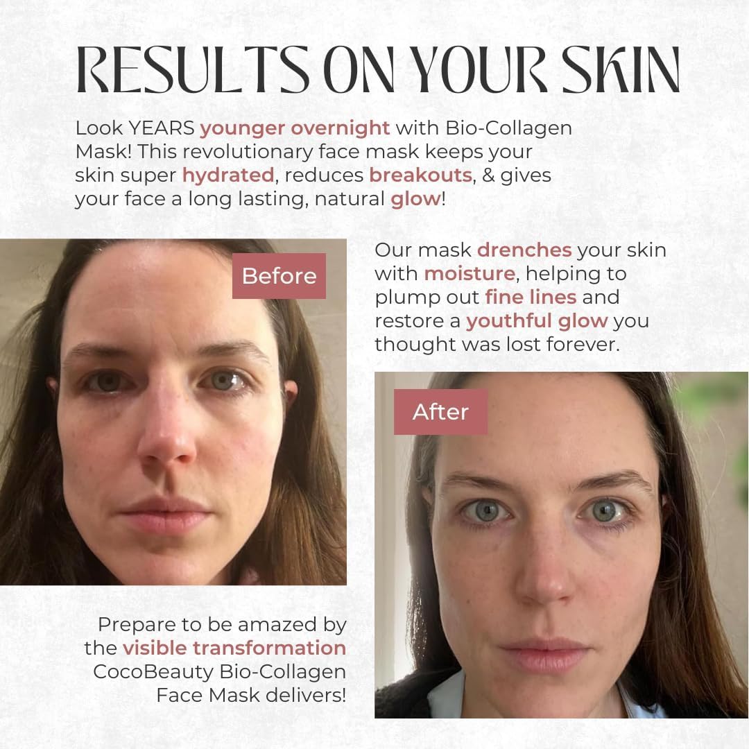 COCOBEAUTY Bio Collagen Face Mask – Hydrating & Anti-Aging Korean Collagen Sheet Masks, Deep Hydration, Smooths Fine Lines, Overnight Face Mask for Radiant Skin (16 pcs)