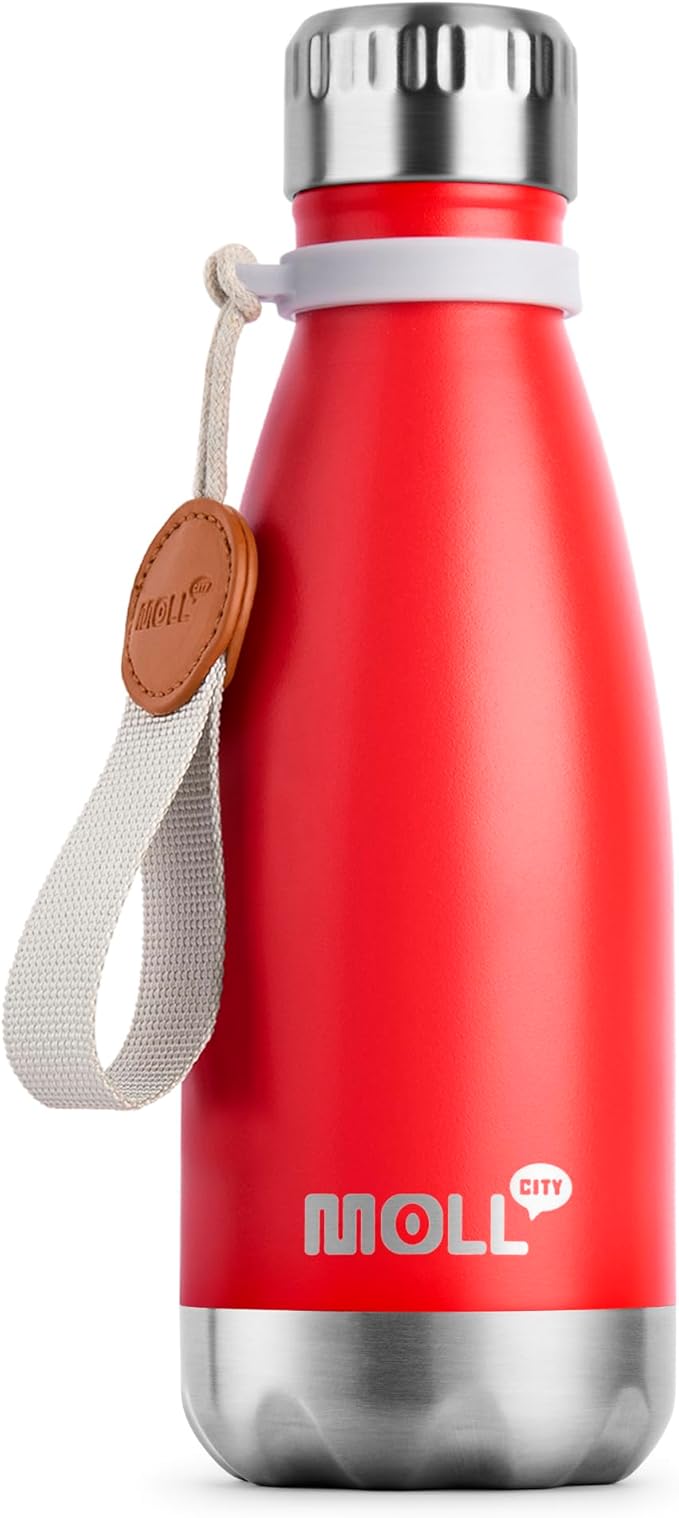 Kids Water Bottle 12 oz Stainless Steel Double Wall Vacuum Insulated Water Bottle for School- Reusable Metal Travel Flask for Girls-Leak Proof and BPA Free (Red)