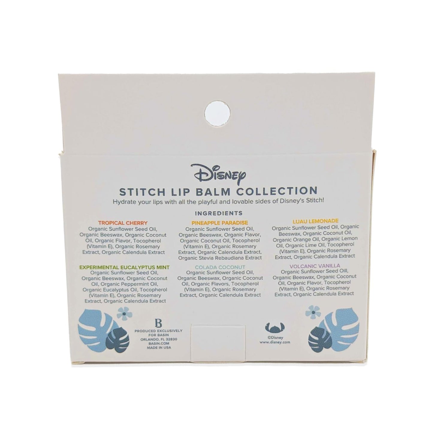 Basin Disney Stitch Lip Balm Collection | 6 Pack Tropical Flavors (Pineapple Paradise, Colada Coconut & More) | Organic Island-Inspired Gift Set, Official Disney, Made in USA