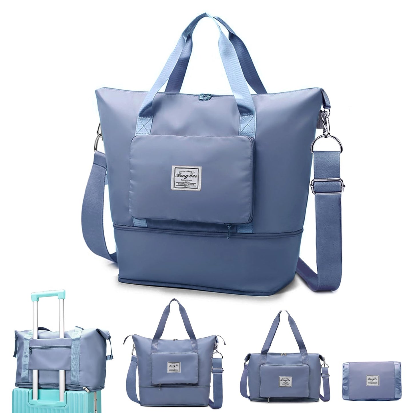 Large Foldable Travel Bag,Foldie Travel Duffel Bags Expandable Women Carry On Overnight Tote Handbag Weekender Sports Duffle,Folding Portable Tote Bags with Trolley Sleeve,Dry and Wet Separation