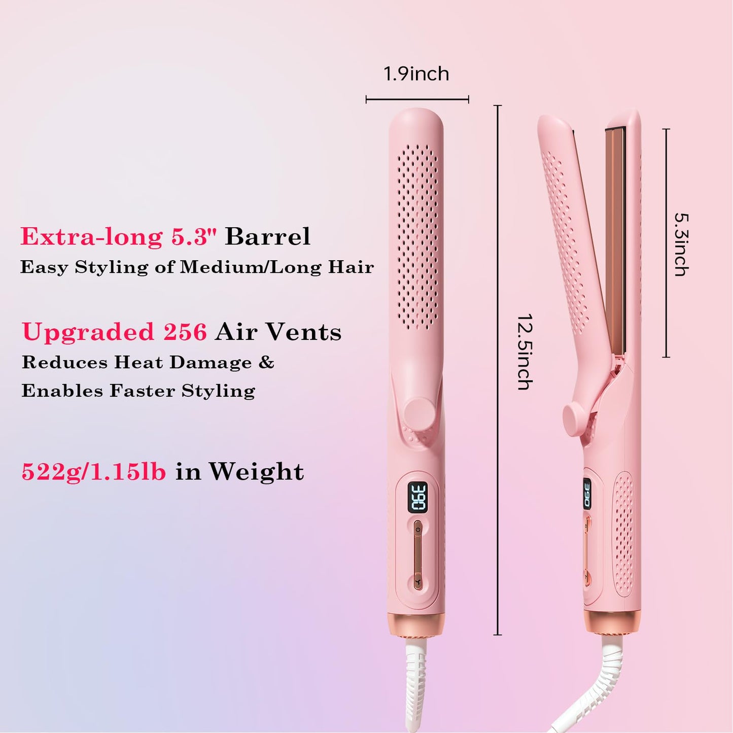 Hahahope Hair Straightener Curler 2-in-1: 1.25" Flat Iron for Women - Curling Wand 360° Airflow Cooling Vents Titanium Ionic for Less Frizz - 5 Temps & Auto Off Dual Voltage (Pink)
