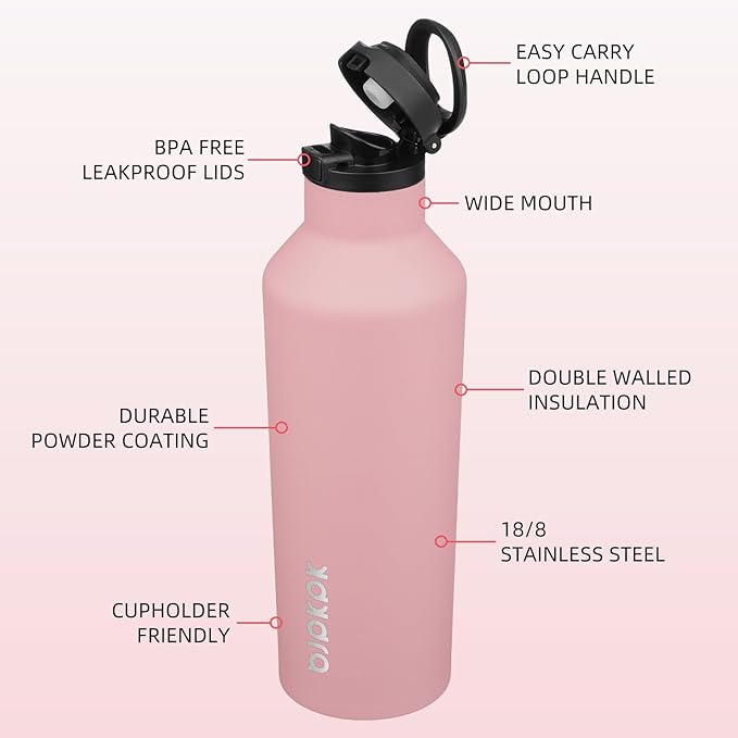 BJPKPK Insulated Water Bottle With Straw 25oz Stainless Steel Water Bottles With 2 Lids And Carry Handle Reusable Travel Metal Thermo,Light Pink