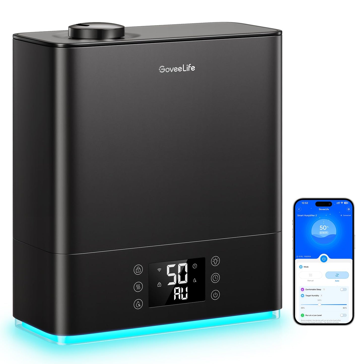 GoveeLife Smart Humidifiers for Bedroom Large Room, Top-Fill Cool Mist 6L WiFi Air Humidifier, Auto Mode, App & Voice Control, 60H Runtime, Rapid Humidification, RGB Nightlight Baby Plants, Black