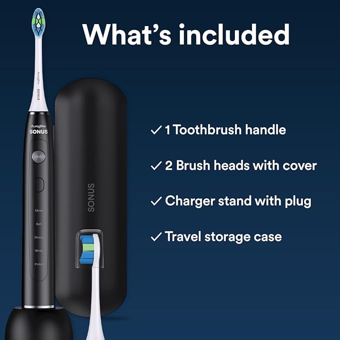 AURAGLOW Sonus Electric Toothbrush, 5 Cleaning Modes, 2 Brush Heads & Travel Case, 40,000 VPM Sonic Toothbrush & Wireless Charging, 30-Day Battery Life with Smart Timer, Black