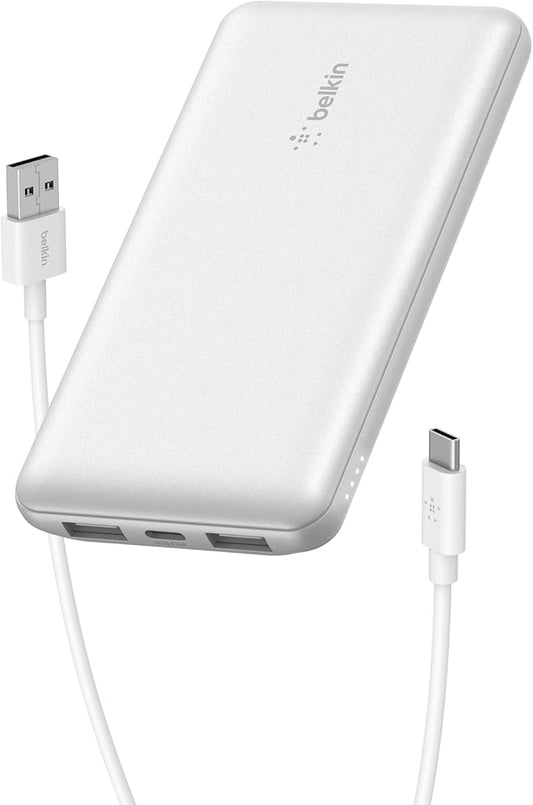 Belkin Portable Charger, USB-C Power Bank 10000 mAh w/ 1xUSB-C Port & 2xUSB-A Ports, 15W w/Type-C to Type-A Cable for iPhone 17, Samsung Galaxy S25, Nintendo Switch 2, Google Pixel 10, etc. - White